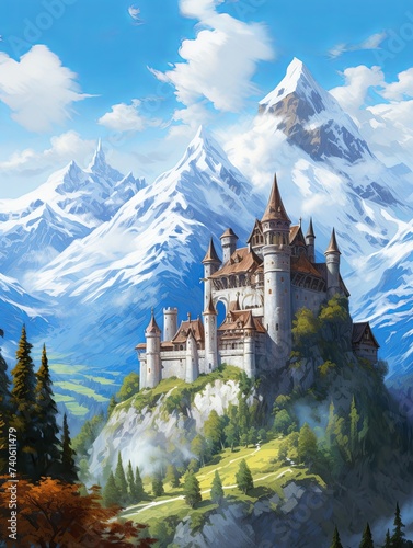 Snow-capped Majesty: Alpine Palace Castle on Peak Landscape Canvas Print