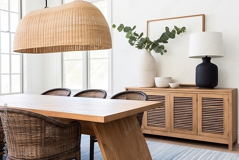 Rattan Pendant Lighting: Coastal Textiles & Drawer Storage for Mediterranean Dining Room Ideas Rattan Pendant Lighting: Coastal Textiles & Drawer Storage for Mediterranean Dining Room Ideas