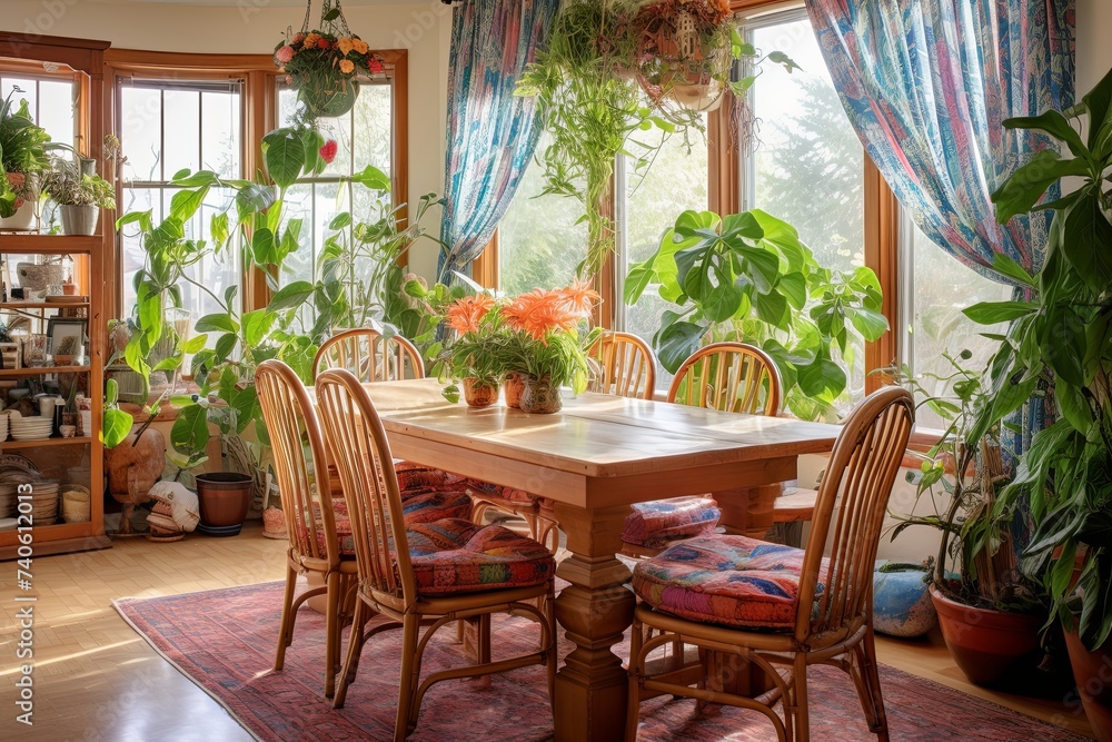 Bohemian Mediterranean Dining Room: Textile Curtains and Indoor Plants Inspiration