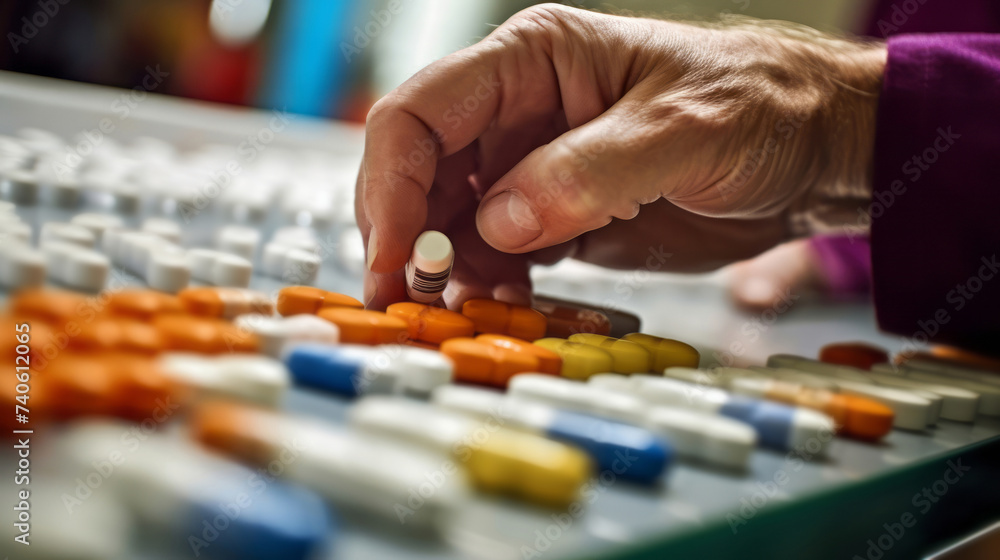 elderly hands counting assorted medication pills, representing medication regimen, senior health, or healthcare management elderly hands counting assorted medication pills, representing medication regimen, senior health, or healthcare management