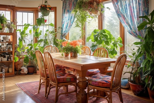 Bohemian Mediterranean Dining Room  Textile Curtains and Indoor Plants Inspiration