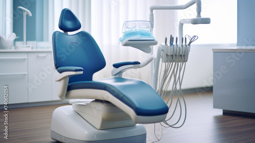 dental treatment chair with tools, representing dental examinations, or dental services
