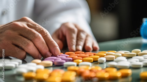 senior lady's hands with various medicine capsules, medication therapy, senior wellness, or healthcare management