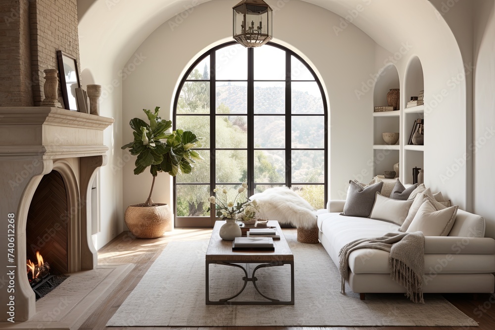 Grey Daybed Mediterranean Villa Vibes: Arched Windows, Fireplace Settings