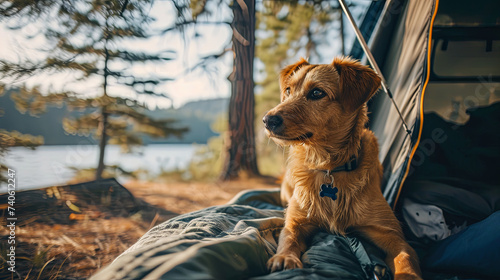 A brown retriever puppy peeks out from a tent on a grassy field