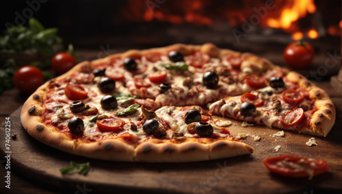 Gourmet pizza  freshly baked and set against a warm  inviting fire  topped with juicy tomatoes  fragrant mozzarella  tasty olives and fresh herbs