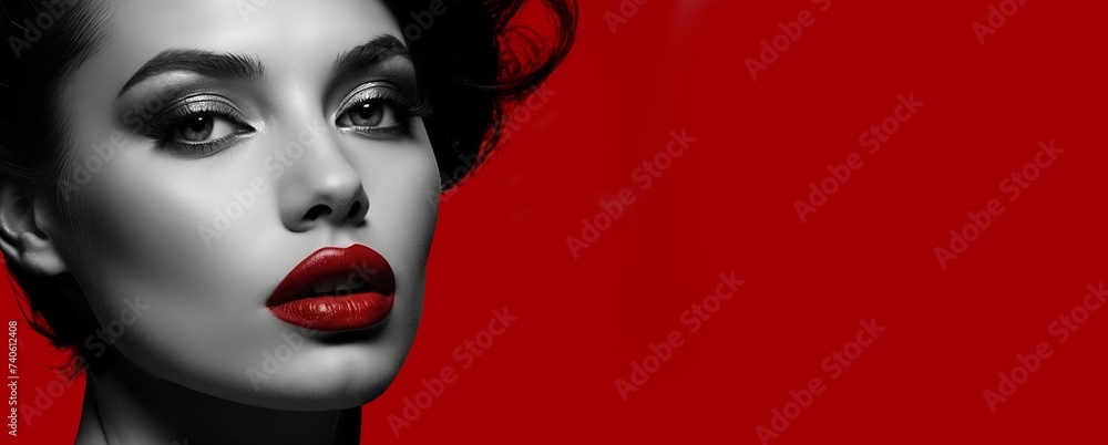 Une belle femme brune mannequin maquillée avec du rouge à lèvres et du mascara sur un fond rouge - obrazy, fototapety, plakaty 
