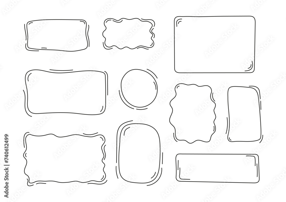 Obraz premium Set of linear frames in doodle style. Bubbles with editable strokes. Rectangle, circle and wavy borders with lines. Squiggle cloud for picture or quotation. Vector childish illustration.