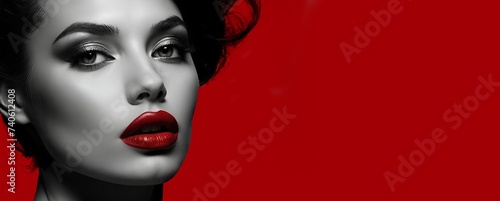 Une belle femme brune mannequin maquillée avec du rouge à lèvres et du mascara sur un fond rouge