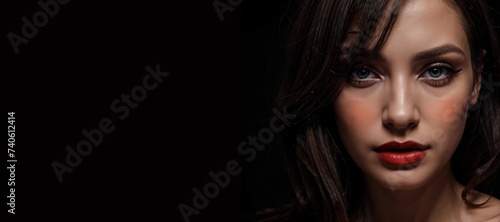 Une belle femme brune aux yeux bleus mannequin maquillée avec du rouge à lèvres et du mascara pose devant un fond noir