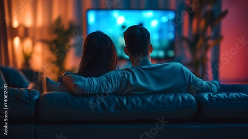 Rearview of a marriage couple sitting in a living room, on a leather sofa or couch, relaxing and watching TV screen program at night or in the evening. Leisure entertainment for husband and wife photo