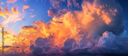 The sky is filled with billowing cumulus clouds, creating a stunning sunset over the natural landscape. The orange hues blend with the heat of dusk, painting a beautiful horizon