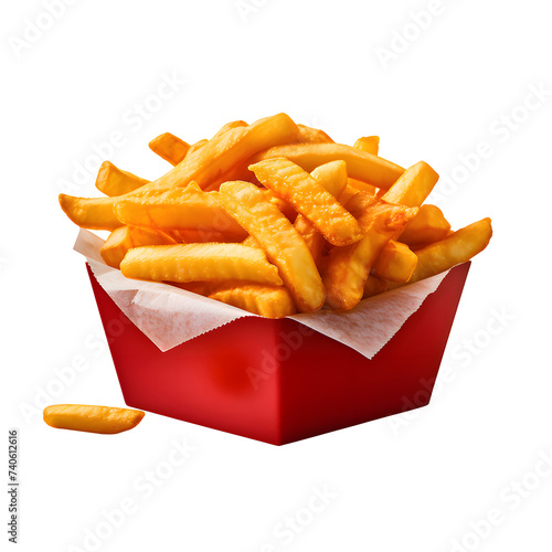 French fries or fried potatoes in a red carton box on white and transparent background