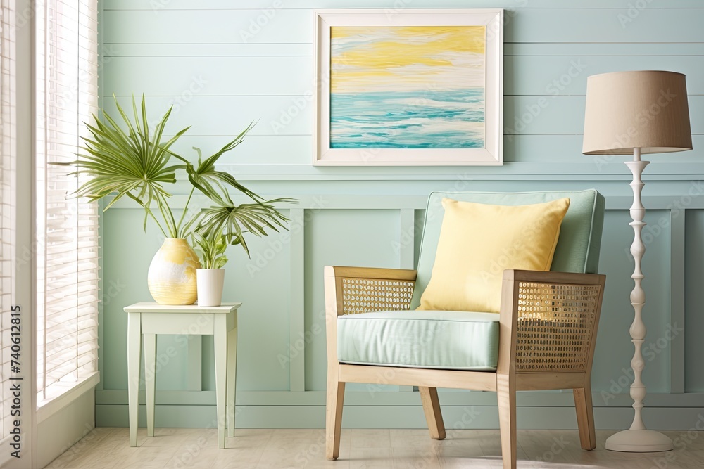 Mint Colored Coastal Chair in Sunny Room with Wall Decor Mint Colored Coastal Chair in Sunny Room with Wall Decor