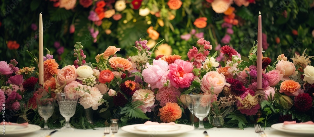 A beautifully arranged table adorned with plates, candles, and flowers including pink hybrid tea roses and other assorted blooms for a stunning display of art and nature
