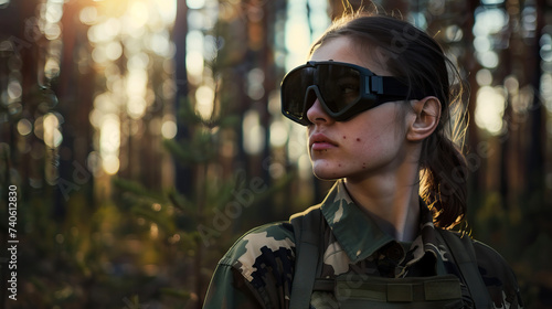Close-up shot of confident woman soldier wearing eye protection, isolated shot with bokeh, bright, sunny