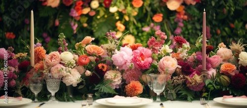 A beautifully arranged table adorned with plates, candles, and flowers including pink hybrid tea roses and other assorted blooms for a stunning display of art and nature