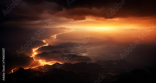 a sunset in the background of mountains and clouds