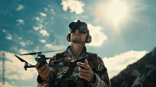 Natural candid shot of drone pilot soldier wearing military army clothes. Isolated against mountain background, sunny, bright, blue sky