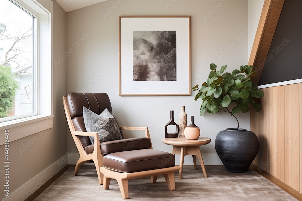 Fototapeta premium Modern Home: Brown Leather Armchair Designs, Wooden Bench, Pastel Color Palette Dream