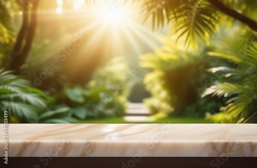 Empty marble tabletop counter on blur jungle tropical leaves. Contemporary backdrop for product presentation  podium  pedestal  blurred lush foliage. Showcase  display case. Minimal modern background.