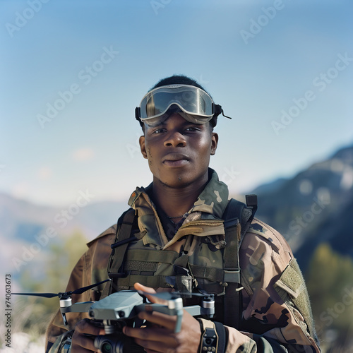 Natural candid shot of black drone pilot soldier wearing military army clothes. Isolated against mountain background, sunny, bright, blue sky