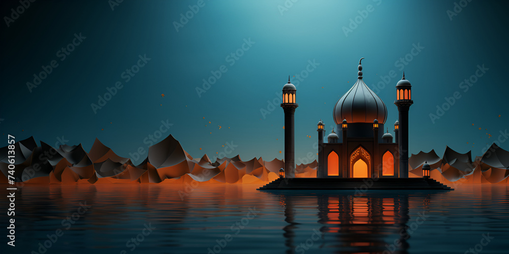 3D Illustration of a beautiful mosque at night with full moon, 
