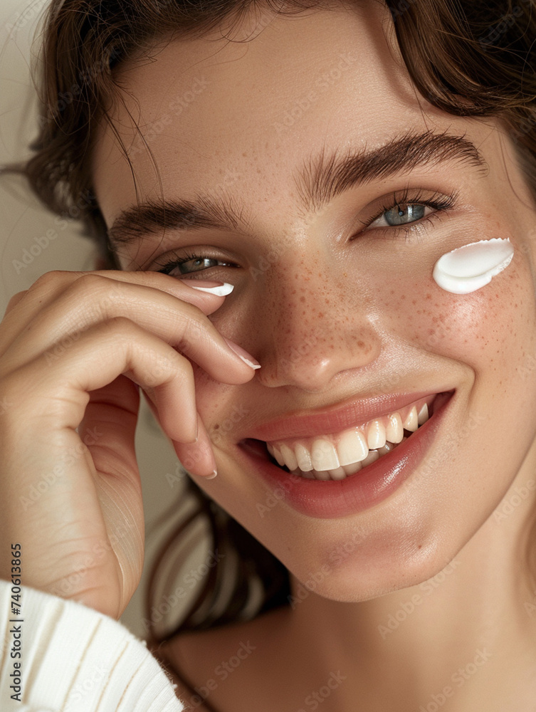 Beautiful young woman applying cosmetic cream treatment on her face Beautiful young woman applying cosmetic cream treatment on her face