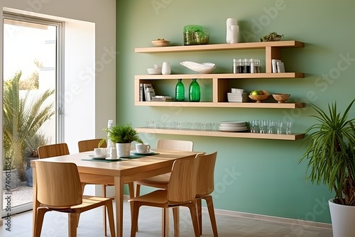 Contemporary Mediterranean Dining Room: Modern Twist with Green Accents and Stylish Shelving