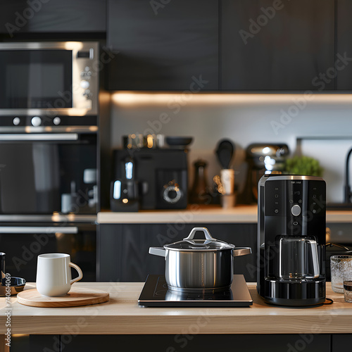Set of modern appliances on wooden table in contemporary kitchen. 3d render.