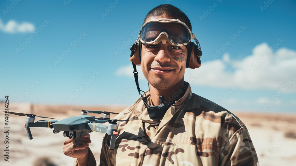 Natural candid shot of drone pilot soldier with drone wearing military army clothes. Isolated against mountain background, sunny, bright, blue sky