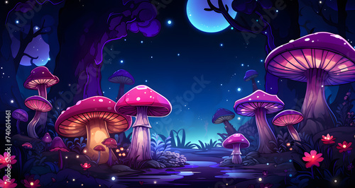 an animated painting of mushrooms in the forest at night