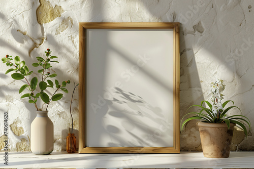 white frame mockup on vintage wooden bench, table