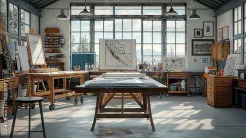 Modern Design Studio with Drafting Tables and Art Supplies: Creative Workspace for Team Collaboration and Innovation