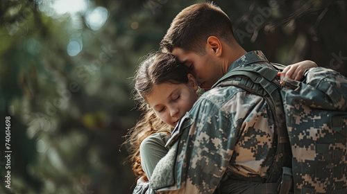Smiling couple soldier in love, embracing in a park
