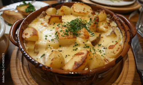 Tartiflette, French dish made form potatoes, reblochon cheese, lardons and onions.