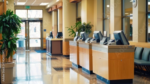 Modern Bank Branch Interior with Teller Stations and Customer Service Area featuring Business Finance and Corporate Employee Workspace Design