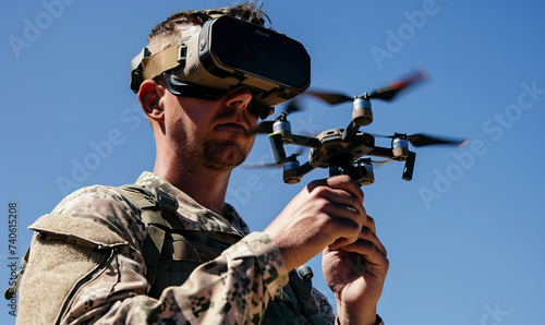 Natural candid shot of FPV drone pilot soldier with drone wearing military army clothes. Isolated against mountain background, sunny, bright, blue sky