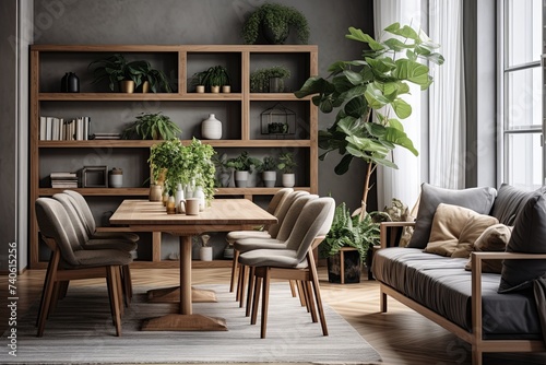 Nordic Harmony  Wooden Dining Table and Indoor Plant Oasis