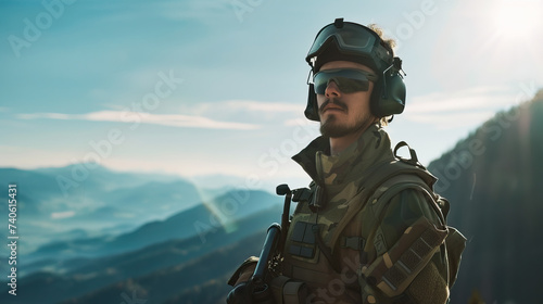 Natural candid shot of drone pilot soldier wearing military army clothes. Isolated against mountain background, sunny, bright, blue sky
