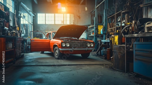 Retro vintage red automobile or car with open hood parked in a garage. Sunlight coming through the window, nobody inside the room for engine repair service indoors, mechanic workshop © Nemanja