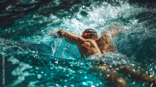 A man enjoys a refreshing summer swim in a sparkling blue pool