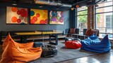Vibrant Startup Office with Bean Bag Chairs, Ping Pong Table, and Collaborative Workspace for Modern Business Teamwork and Innovation