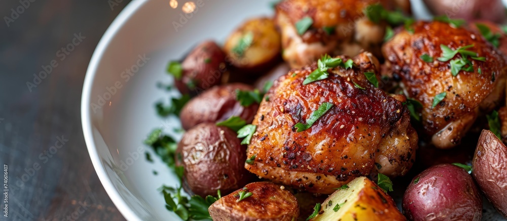 A bowl of fried chicken and potatoes, a delicious dish made with meat and vegetables, perfect for a hearty meal A bowl of fried chicken and potatoes, a delicious dish made with meat and vegetables, perfect for a hearty meal