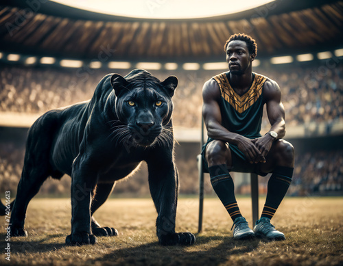 Top athlete sat on a chair in a stadium and wearing a watch, next to a black panther. Digital art.
