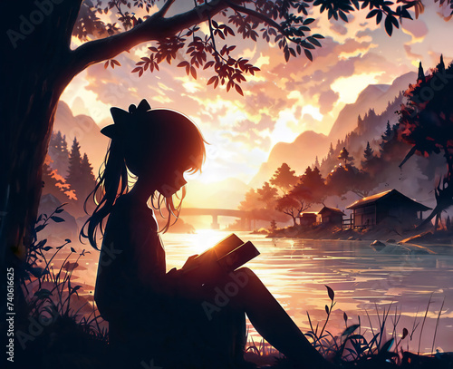 Young girl calmly reading in nature next to a river, distanced from the noise of the city. Digital art.