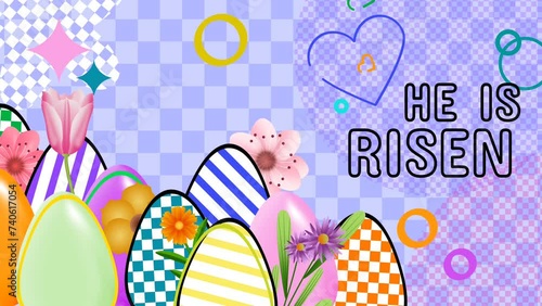 he is risen quote massage for easter holiday with decorated easter eggs and flowers. photo