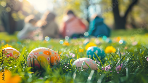 œufs de pâques au chocolat posés dans l'herbe du jardin, pendant que les enfants les recherchent à l'arrière plan photo