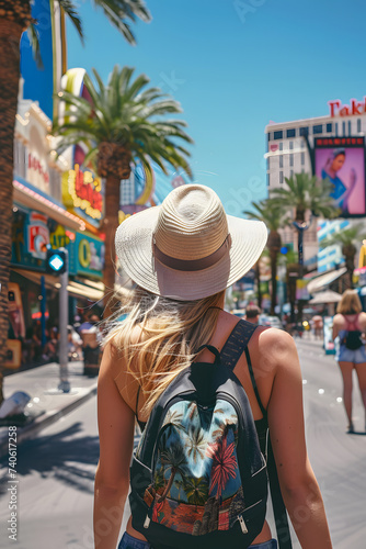 Beautiful tourist young woman walking in Las Vegas city street in Nevada, USA, tourism travel holiday vacations concept in United States of America