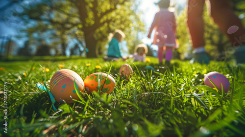 œufs de pâques au chocolat posés dans l'herbe du jardin, pendant que les enfants les recherchent à l'arrière plan photo